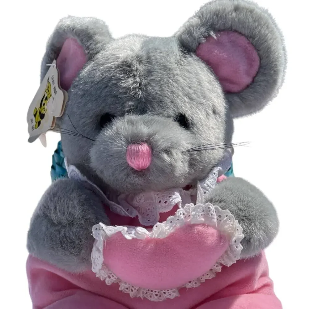 Joy Toy Charming Gray Mouse Pink Valentine Heart Plush Stuffed Animal 1992 VTG